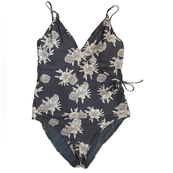 Roxy romantic senses one piece floral cream and gray bathing suit swim side tie - Picture 3 of 8